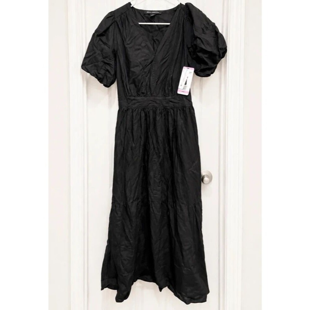French Connection Women’s Black Puff Sleeve V-Neck Midi Dress Size Small NWT